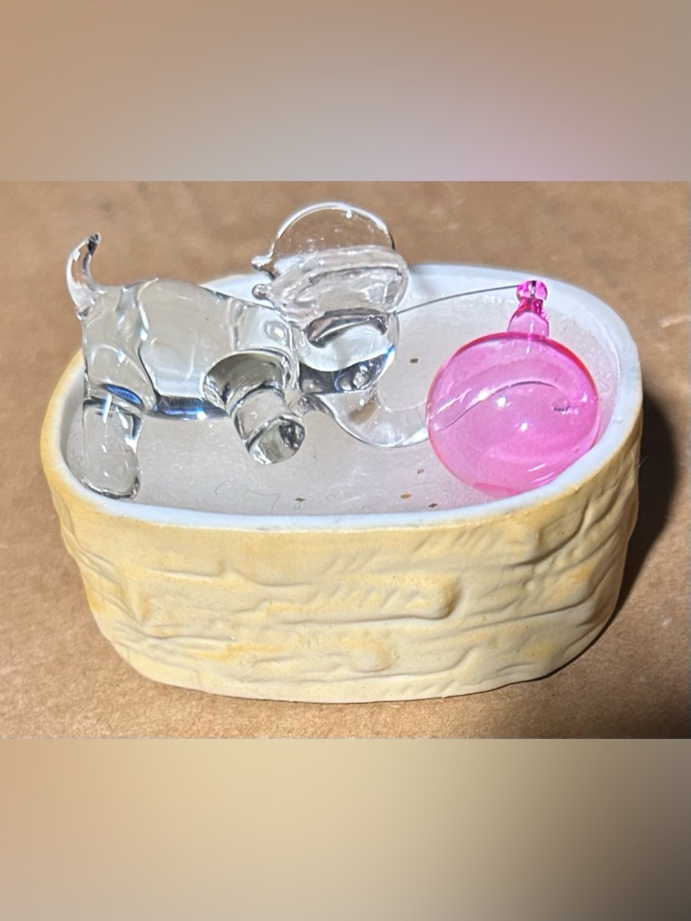 Hand crafted Glass Elephant Figurine with Pink Glass Ball on Ceramic Base